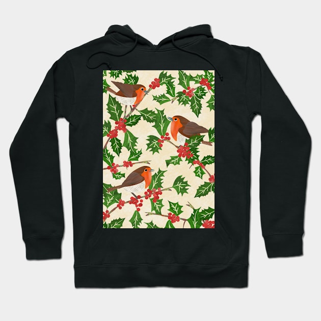 Three little paper cut robins on a holly bush Hoodie by NattyDesigns